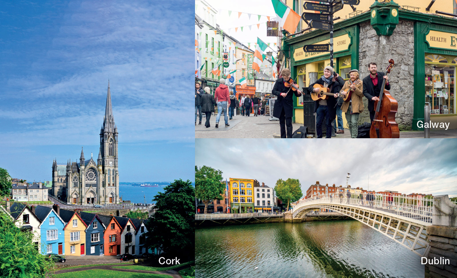 Cork: Cork cityscape with colorful houses and St. Colman's Cathedral against a blue sky. Galway: Street musicians performing in vibrant Galway city, showcasing lively culture. Dublin: Scenic view of Dublin's Ha'penny Bridge over the River Liffey with colourful buildings.